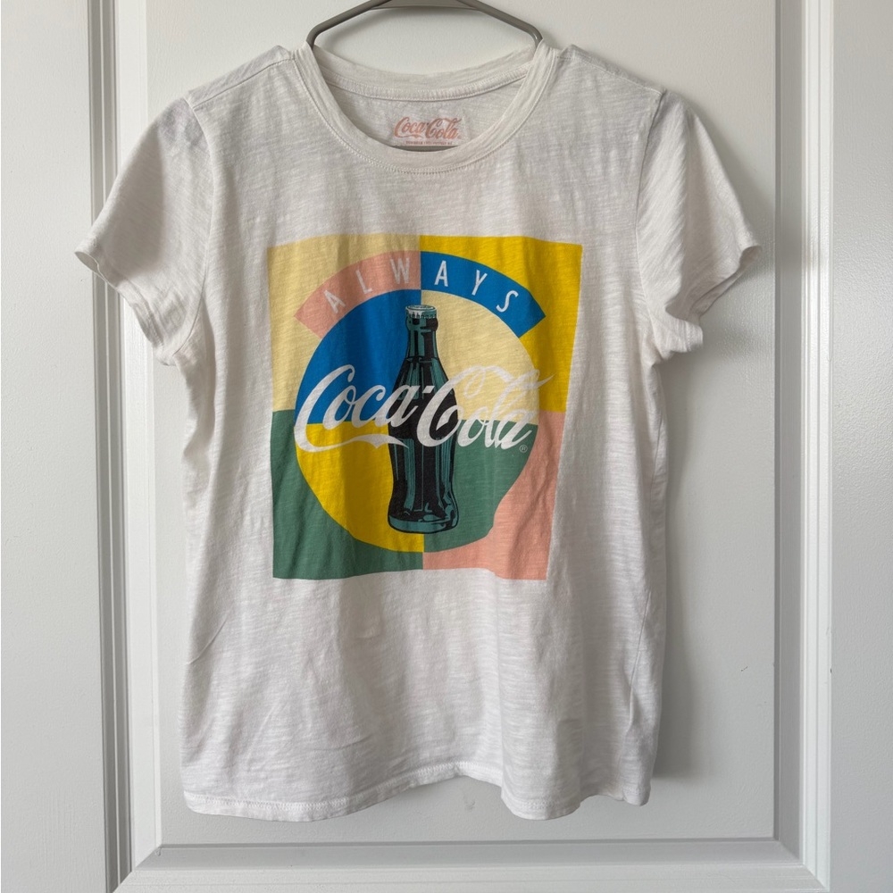 Coca-Cola White Tee with Retro Bottle Graphic in Yellow, Blue, Green, Peach